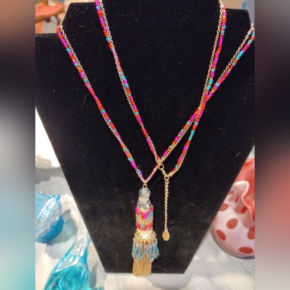 JULES Multicolored seed beads teal pink purple gold tassel Dangle 30" necklace - Picture 2 of 8